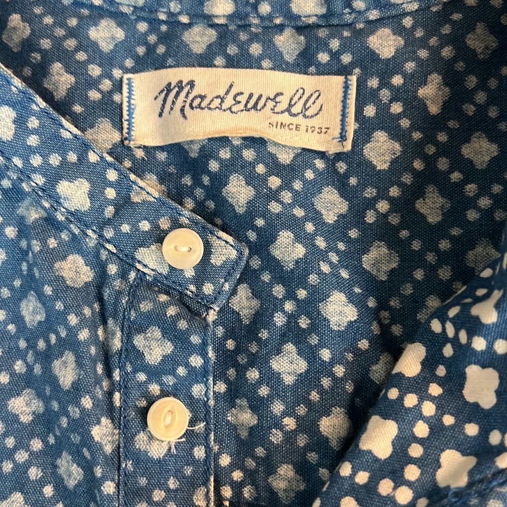 MADEWELL Chambray Floral Top Stamp Popover Tunic Long Sleeves Banded Collar - Picture 3 of 6